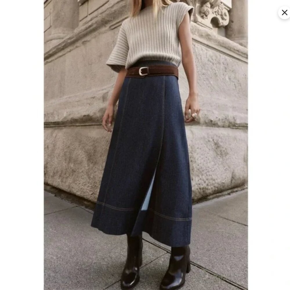 Zara Women Z1975 BELTED WRAP DENIM MIDI SKIRT Indigo 0/9849/576/405/03 M L NWT